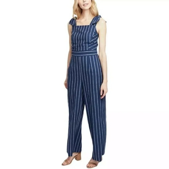 RACHEL Rachel Roy Blue White Linen Blend Striped Sleeveless Jumpsuit Size 0 - Picture 1 of 9
